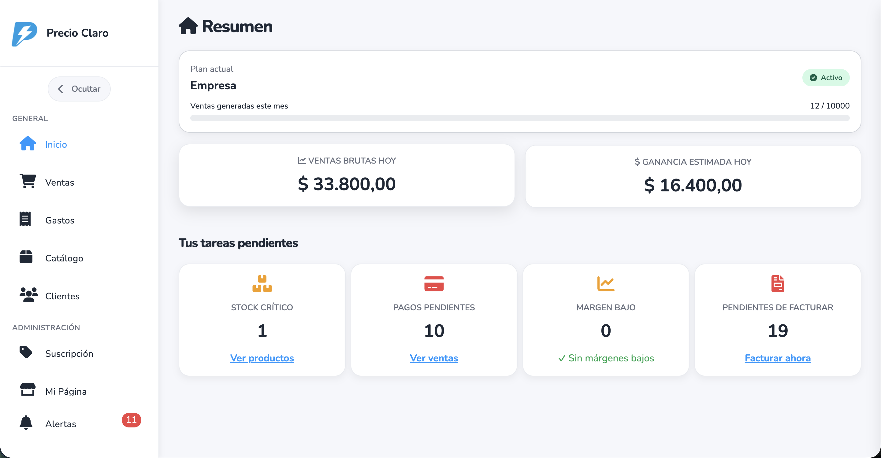 Vista de Precio Claro, sistema de gestión para tu negocio